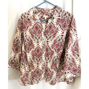 Talbot White & Raspberry Paisley Button Down 3/4 Sleeve Shirt, size 2X